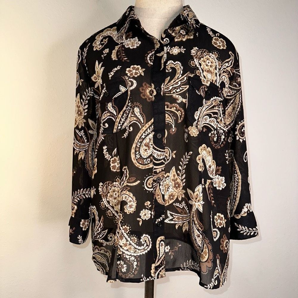 Croft & Barrow Womens L Black & Tan Boho Paisley Lightweight Button Front Blouse
